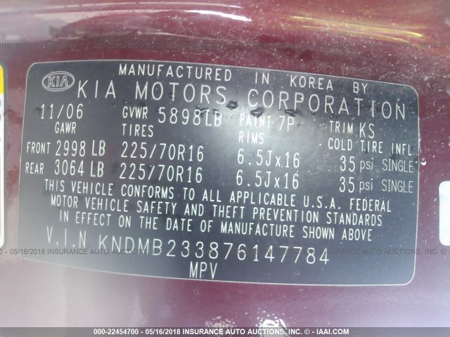 KNDMB233876147784 - 2007 KIA SEDONA EX/LX RED photo 9