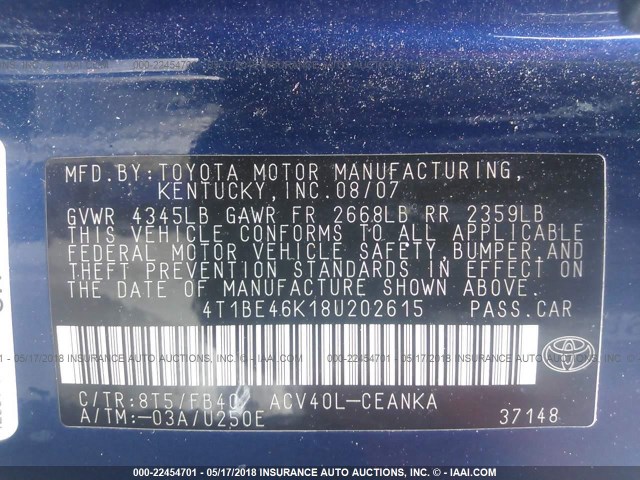 4T1BE46K18U202615 - 2008 TOYOTA CAMRY CE/LE/XLE/SE BLUE photo 9