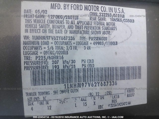 1LNHM97V62Y687336 - 2002 LINCOLN CONTINENTAL  Сұр фото 9