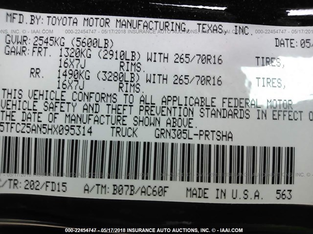 5TFCZ5AN5HX095314 - 2017 TOYOTA TACOMA DBL CAB/SR/TRDSPT/OR/PRO შავი ფოტო 9
