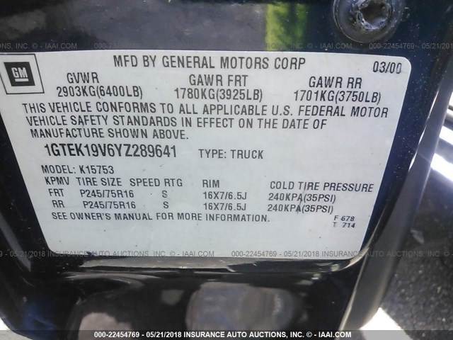 1GTEK19V6YZ289641 - 2000 GMC NEW SIERRA K1500 BLUE photo 9