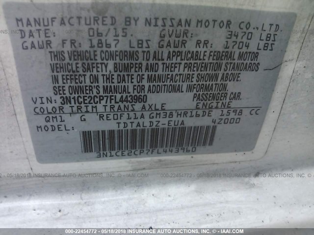 3N1CE2CP7FL443960 - 2015 NISSAN VERSA NOTE S/S PLUS/SV/SL/SR WHITE photo 9