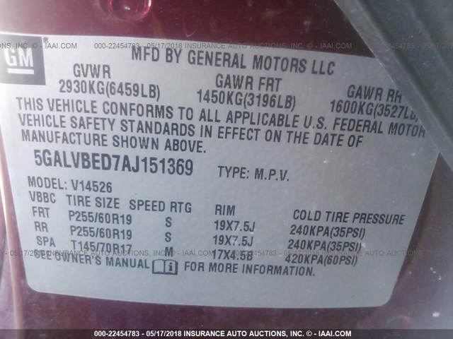 5GALVBED7AJ151369 - 2010 BUICK ENCLAVE CXL 红色 照片 9