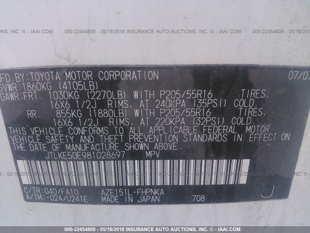 JTLKE50E981028697 - 2008 TOYOTA SCION XB WHITE photo 9