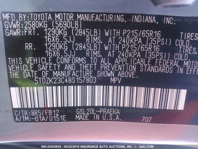 5TDZK23C48S157803 - 2008 TOYOTA SIENNA CE/LE GRAY photo 9