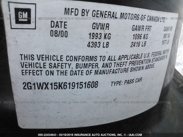 2G1WX15K619151608 - 2001 CHEVROLET MONTE CARLO SS შავი ფოტო 9