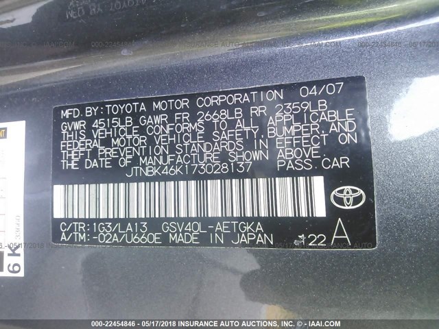 JTNBK46K173028137 - 2007 TOYOTA CAMRY NEW GENERAT LE/XLE/SE GRAY photo 9