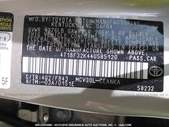 4T1BF32K44U585120 - 2004 TOYOTA CAMRY LE/XLE/SE 金色 照片 9