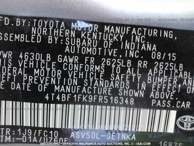 4T4BF1FK9FR516348 - 2015 TOYOTA CAMRY LE/XLE/SE/XSE SILVER photo 9