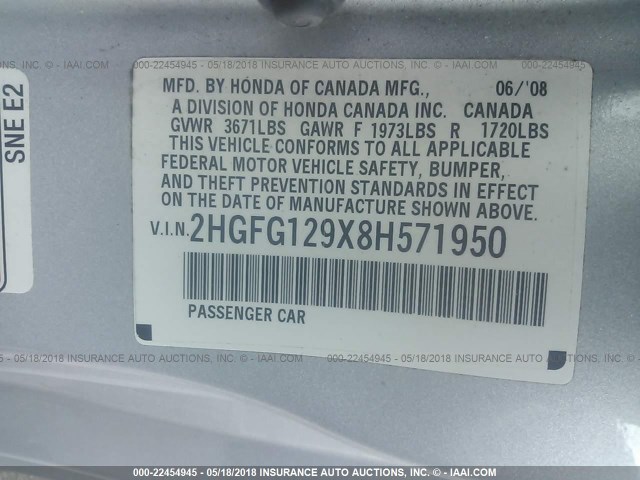 2HGFG129X8H571950 - 2008 HONDA CIVIC EXL SILVER photo 9