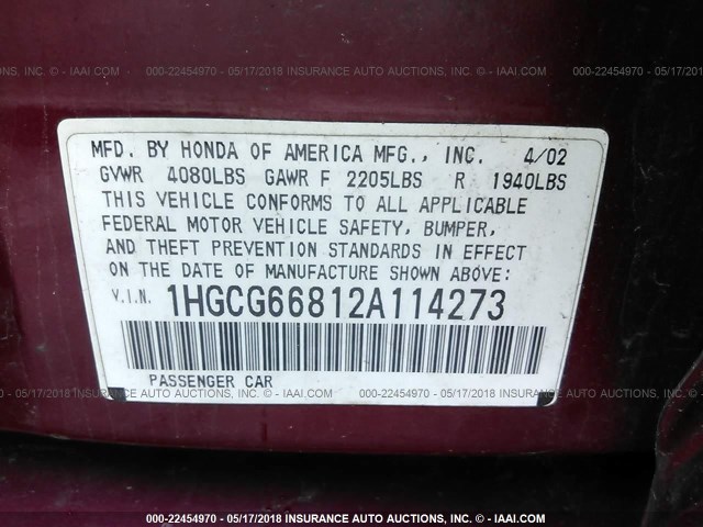 1HGCG66812A114273 - 2002 HONDA ACCORD EX/SE RED photo 9