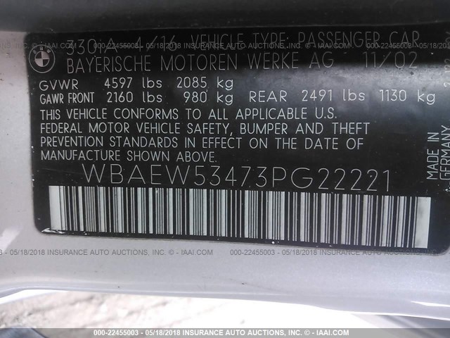 WBAEW53473PG22221 - 2003 BMW 330 XI SILVER photo 9