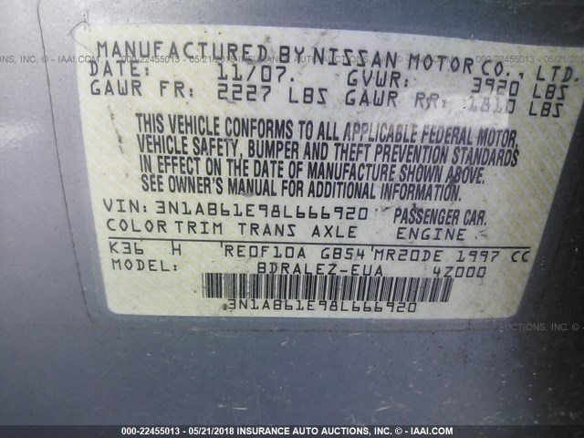 3N1AB61E98L666920 - 2008 NISSAN SENTRA 2.0/2.0S/2.0SL SILVER photo 9