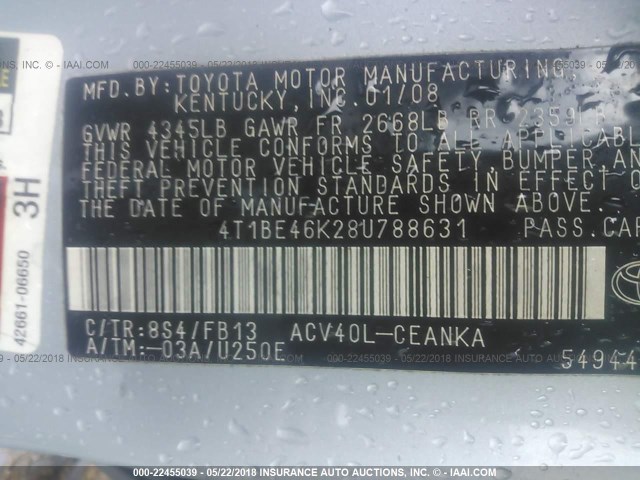 4T1BE46K28U788631 - 2008 TOYOTA CAMRY CE/LE/XLE/SE BLUE photo 9
