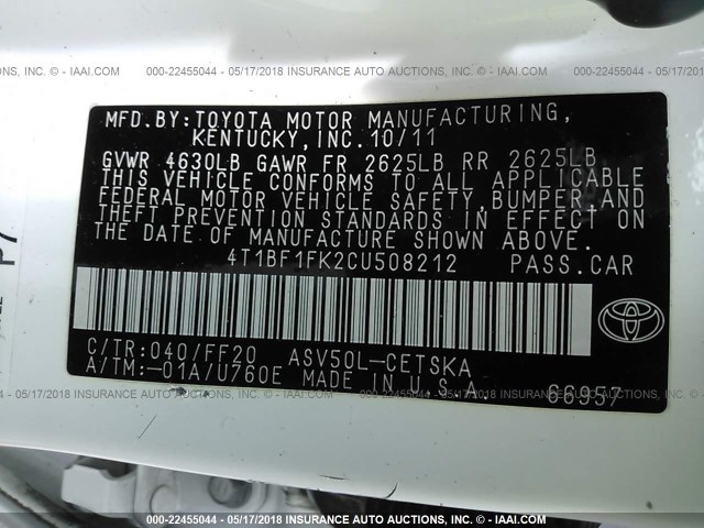 4T1BF1FK2CU508212 - 2012 TOYOTA CAMRY SE/LE/XLE 白色 照片 9