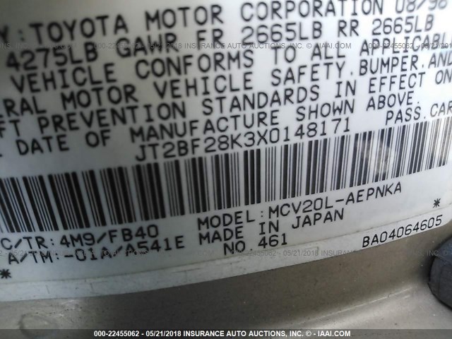 JT2BF28K3X0148171 - 1999 TOYOTA CAMRY LE/XLE GOLD photo 9