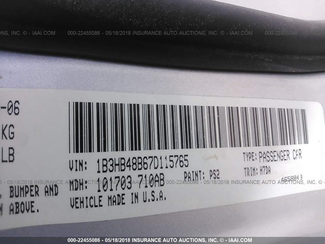 1B3HB48B67D115765 - 2007 DODGE CALIBER SXT SILVER photo 9