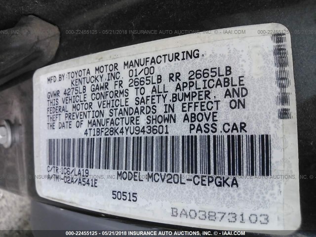 4T1BF28K4YU943601 - 2000 TOYOTA CAMRY LE/XLE GRAY photo 9