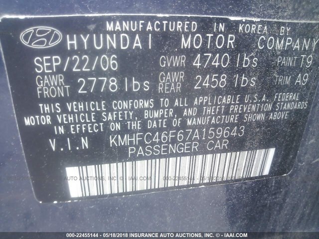 KMHFC46F67A159643 - 2007 HYUNDAI AZERA SE/LIMITED BLUE photo 9