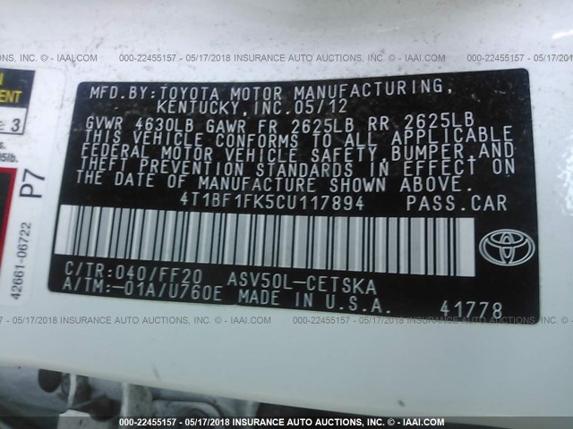 4T1BF1FK5CU117894 - 2012 TOYOTA CAMRY SE/LE/XLE 白色 照片 9