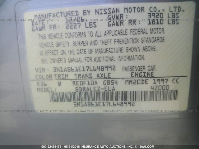 3N1AB61E17L648992 - 2007 NISSAN SENTRA 2.0/2.0S/2.0SL GRAY photo 9