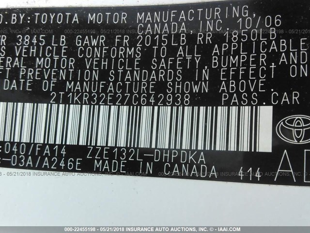 2T1KR32E27C642938 - 2007 TOYOTA COROLLA MATRIX XR WHITE photo 9