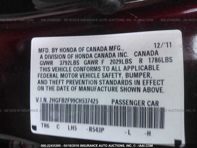 2HGFB2F99CH537425 - 2012 HONDA CIVIC EXL MAROON photo 9