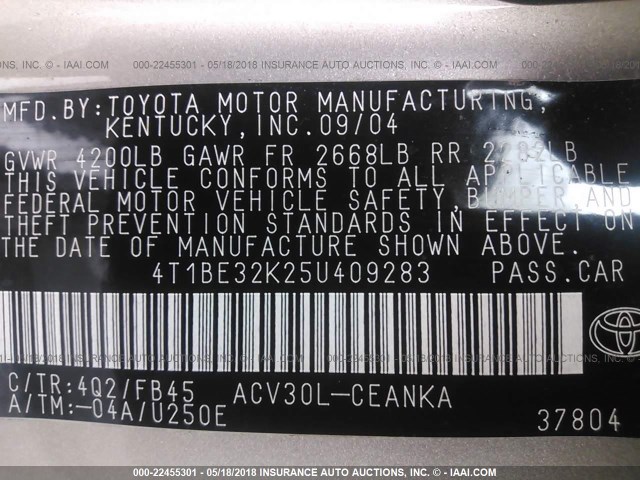 4T1BE32K25U409283 - 2005 TOYOTA CAMRY LE/XLE/SE ოქროსფერი ფოტო 9