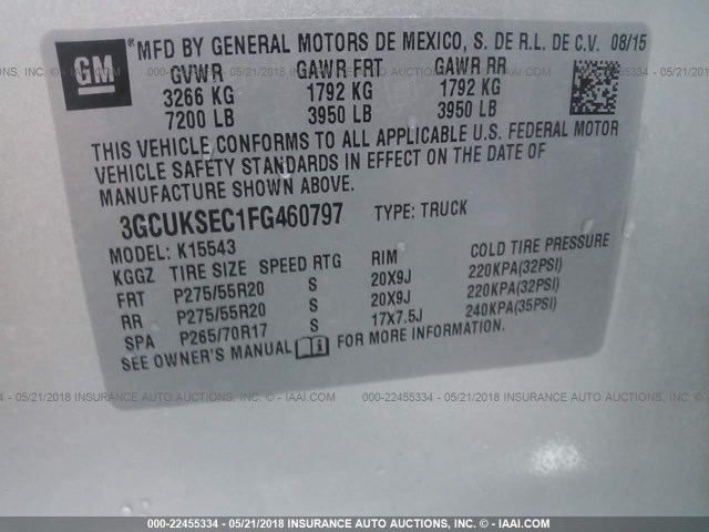 3GCUKSEC1FG460797 - 2015 CHEVROLET SILVERADO K1500 LTZ SILVER photo 9