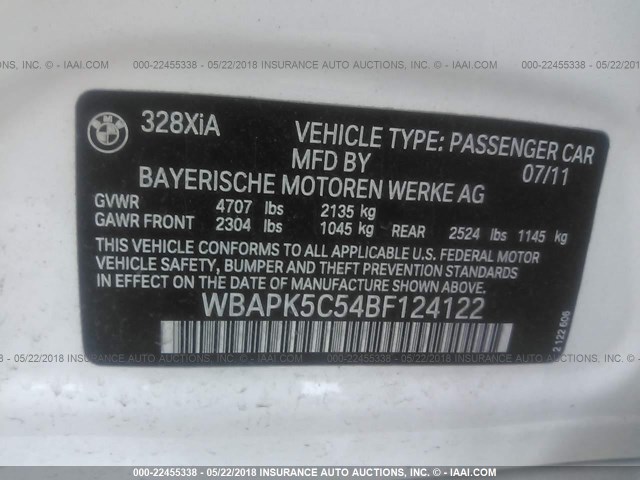 WBAPK5C54BF124122 - 2011 BMW 328 XI SULEV WHITE photo 9