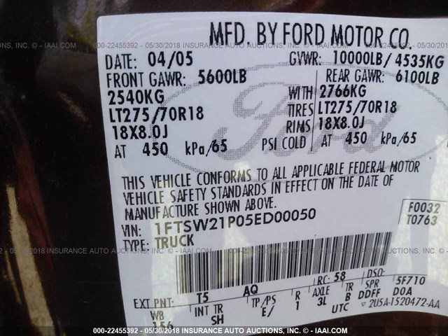 1FTSW21P05ED00050 - 2005 FORD F250 SUPER DUTY BROWN photo 9