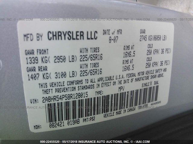2A8HR54P58R128015 - 2008 CHRYSLER TOWN & COUNTRY TOURING SILVER photo 9
