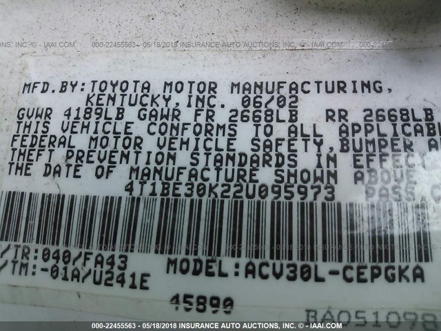 4T1BE30K22U095973 - 2002 TOYOTA CAMRY LE/XLE/SE 白色 照片 9