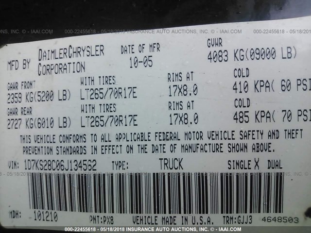 1D7KS28C06J134562 - 2006 DODGE RAM 2500 ST/SLT 黑色 照片 9