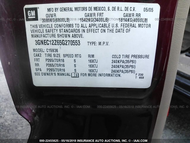 3GNEC12Z65G270553 - 2005 CHEVROLET AVALANCHE C1500 RED photo 9