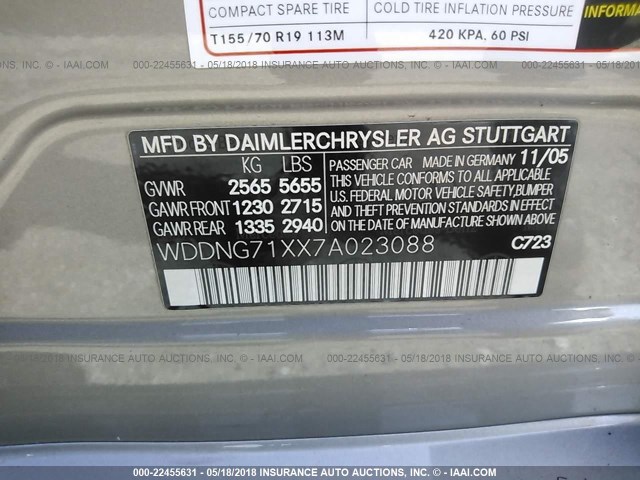 WDDNG71XX7A023088 - 2007 MERCEDES-BENZ S 550 SILVER photo 9