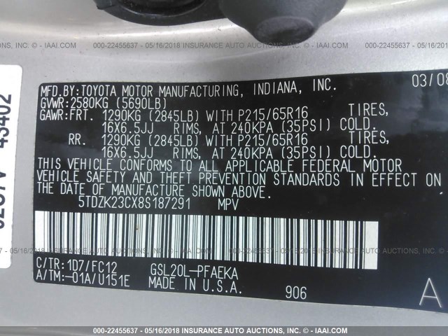 5TDZK23CX8S187291 - 2008 TOYOTA SIENNA CE/LE SILVER photo 9