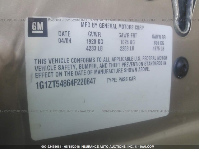 1G1ZT54864F220847 - 2004 CHEVROLET MALIBU LS GOLD photo 9