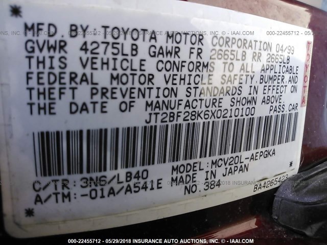 JT2BF28K6X0210100 - 1999 TOYOTA CAMRY LE/XLE MAROON photo 9