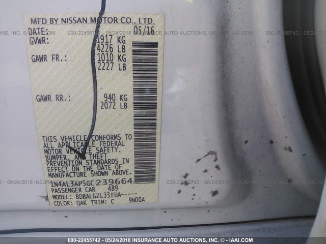 1N4AL3AP5GC239664 - 2016 NISSAN ALTIMA 2.5/S/SV/SL/SR WHITE photo 9