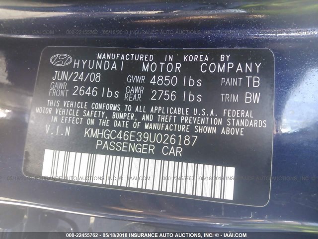 KMHGC46E39U026187 - 2009 HYUNDAI GENESIS 3.8L BLUE photo 9