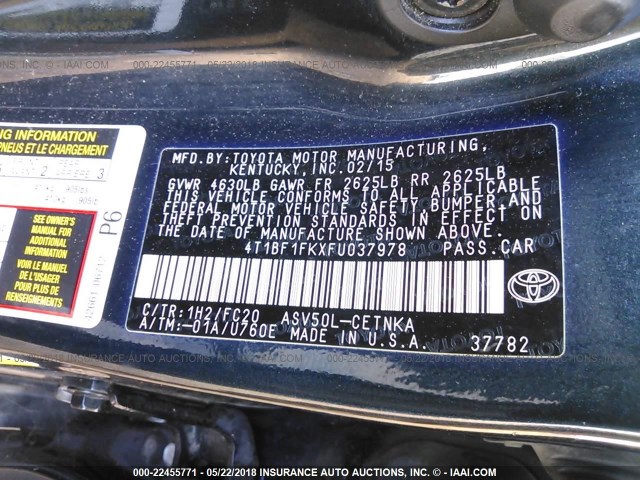 4T1BF1FKXFU037978 - 2015 TOYOTA CAMRY LE/XLE/SE/XSE BLACK photo 9