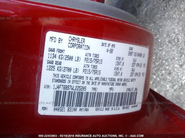 1J4FT68S7WL225205 - 1998 JEEP CHEROKEE SPORT/CLASSIC წითელი ფოტო 9