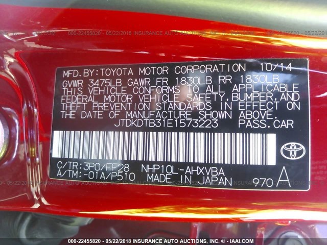 JTDKDTB31E1573223 - 2014 TOYOTA PRIUS C RED photo 9