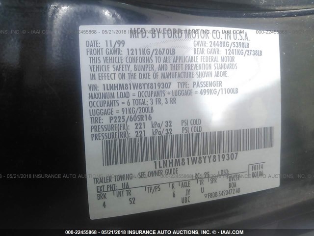 1LNHM81W8YY819307 - 2000 LINCOLN TOWN CAR EXECUTIVE Черный фото 9