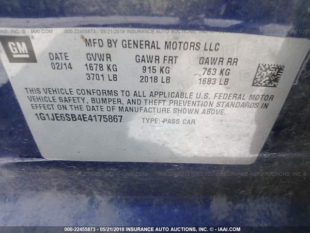 1G1JE6SB4E4175867 - 2014 CHEVROLET SONIC LTZ BLUE photo 9