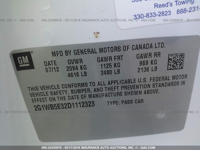 2G1WB5E32D1112323 - 2013 CHEVROLET IMPALA LT WHITE photo 9