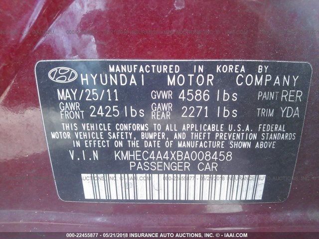 KMHEC4A4XBA008458 - 2011 HYUNDAI SONATA HYBRID RED photo 9