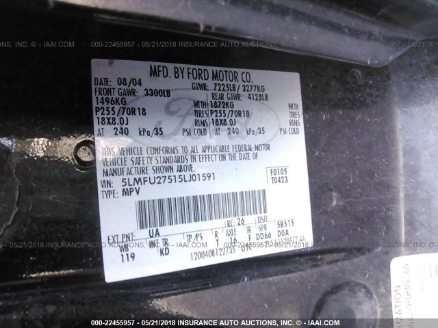 5LMFU27515LJ01591 - 2005 LINCOLN NAVIGATOR 黑色 照片 9