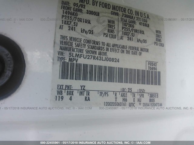 5LMFU27R43LJ00824 - 2003 LINCOLN NAVIGATOR WHITE photo 9